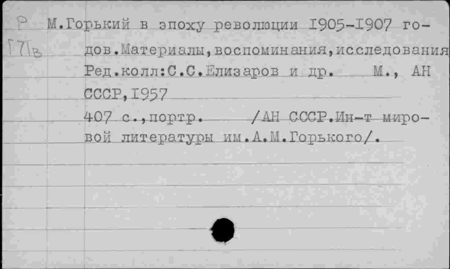 ﻿М.Горький в эпоху революции 1905-190? годов.Материалы, воспоминания, исследования Ред.колл:С.С.Елизаров и др. . М., АН СССР,1957 —
407— с., п ор т р. —	/ АН С ССР. Ин-т -м ир о -
_________вой литературы им.А.М.Горького/.